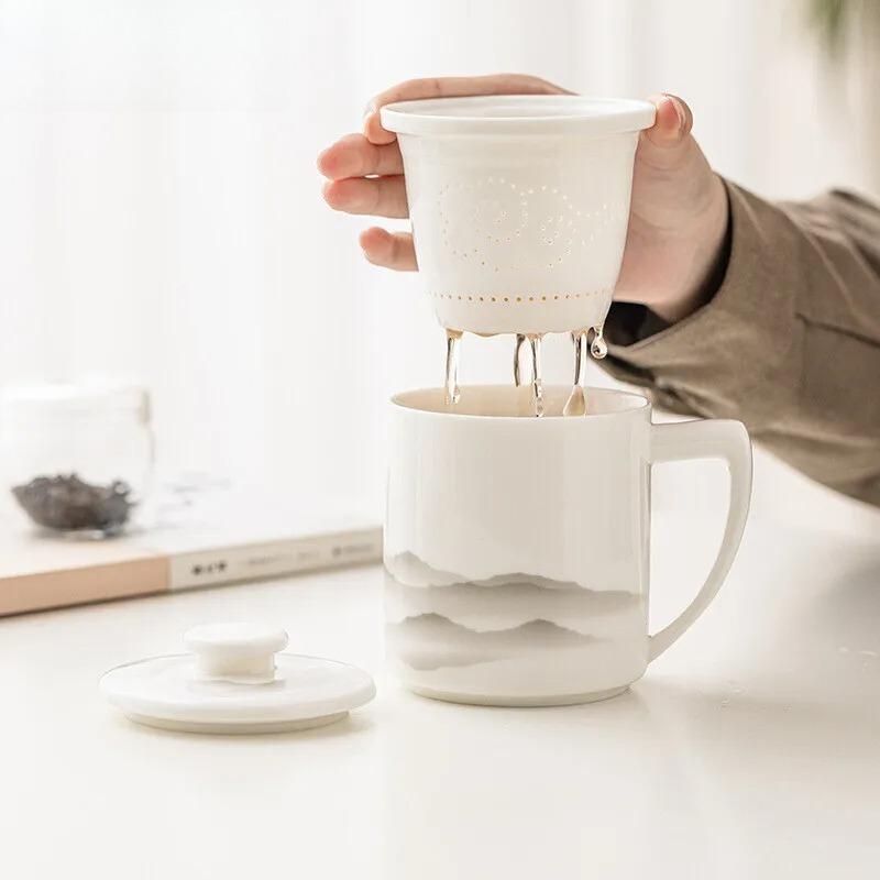 High-end Sheep Fat Jade Mug with Lid Tea and Water Separation Personal Cup Filter Tea Separator Mug Work Office Cup Drinkware