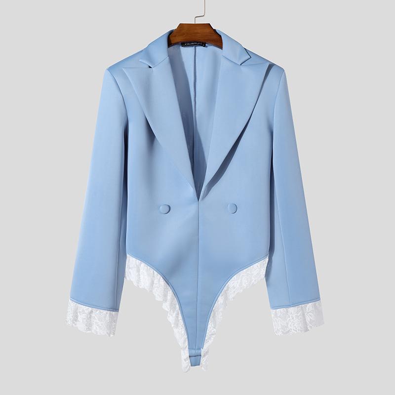 

INCERUN Мужские короткие комбинезоны с глубоким V-образным вырезом и длинным рукавом, кружевным подолом 3XL синий