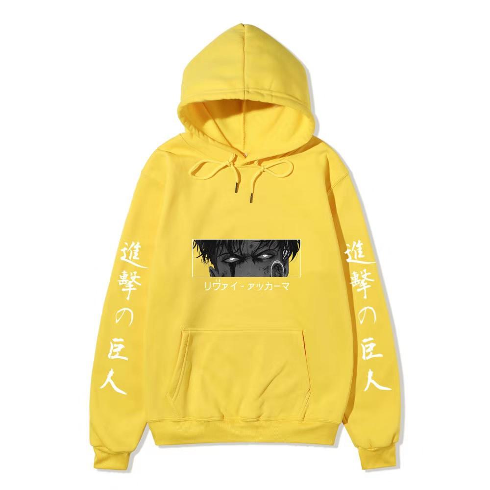 Anime Attack On Titan Levi Ackerman Hoodie, Double Sleeve Japanese Text Print Pullover Sweatshirt Long Sleeve Streetwear for Men Women