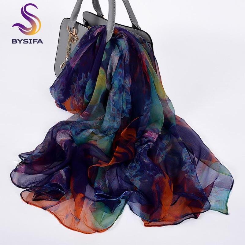 [BYSIFA] Ladies Silk Scarf Shawl New Long Scarves Fashion Brand Scarves Elegant Purple Blue Neck Scarf Beach Shawl Cover-ups