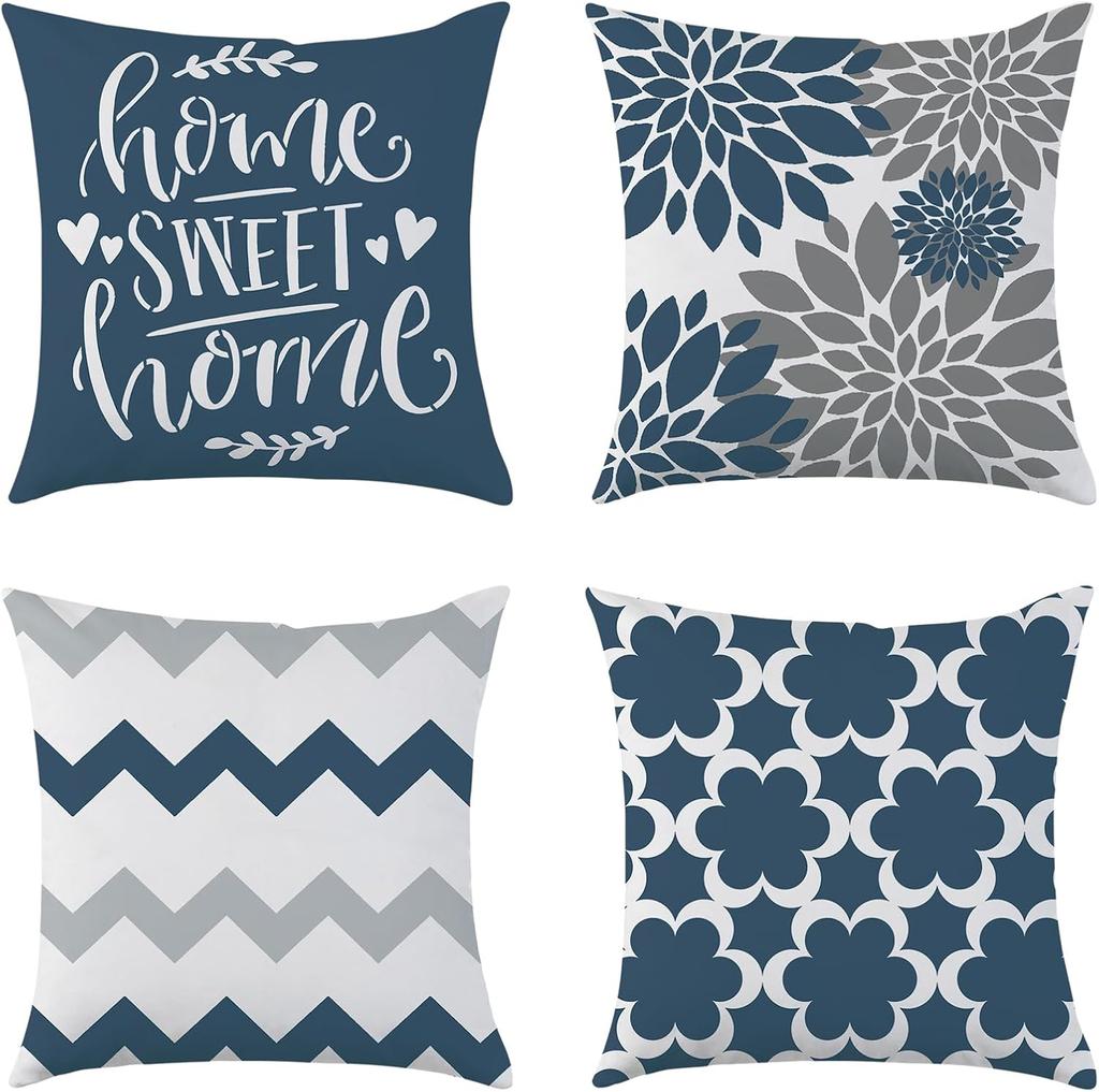 Farmhouse Pillow Covers Of 4 Gray Double-Sided Printed Throw Pillow Covers - Super Soft Short Plush Pillow Case For Couch