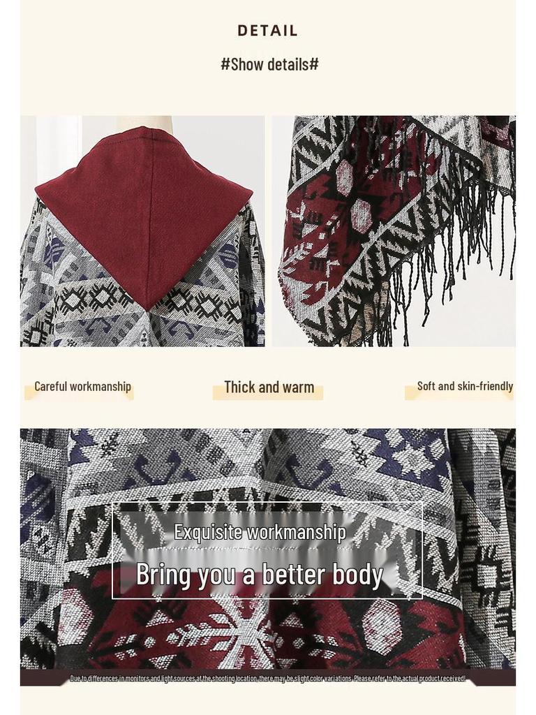 Women's Ethnic Style Hooded Shawl Cloak, Geometric Design for Autumn/Winter, Ideal for Tibet, Qinghai, Yunnan Travel