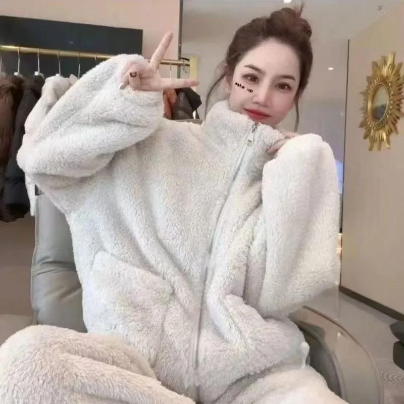 Fleece Tlustý Teplý Dámský Pyžamový Set Zimní Oblečení na Spaní Ležérní Zip Korálová Flanelová Bunda a Kalhoty Pyžamový Set Dámský Domácí Oblek