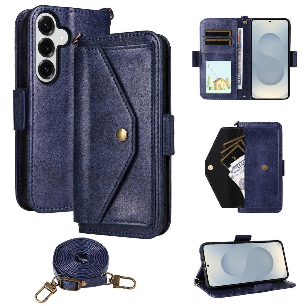 For Samsung Galaxy S25+ Leather Case Magnetic Closure Wallet Stand Phone Cover with Crossbody Strap
