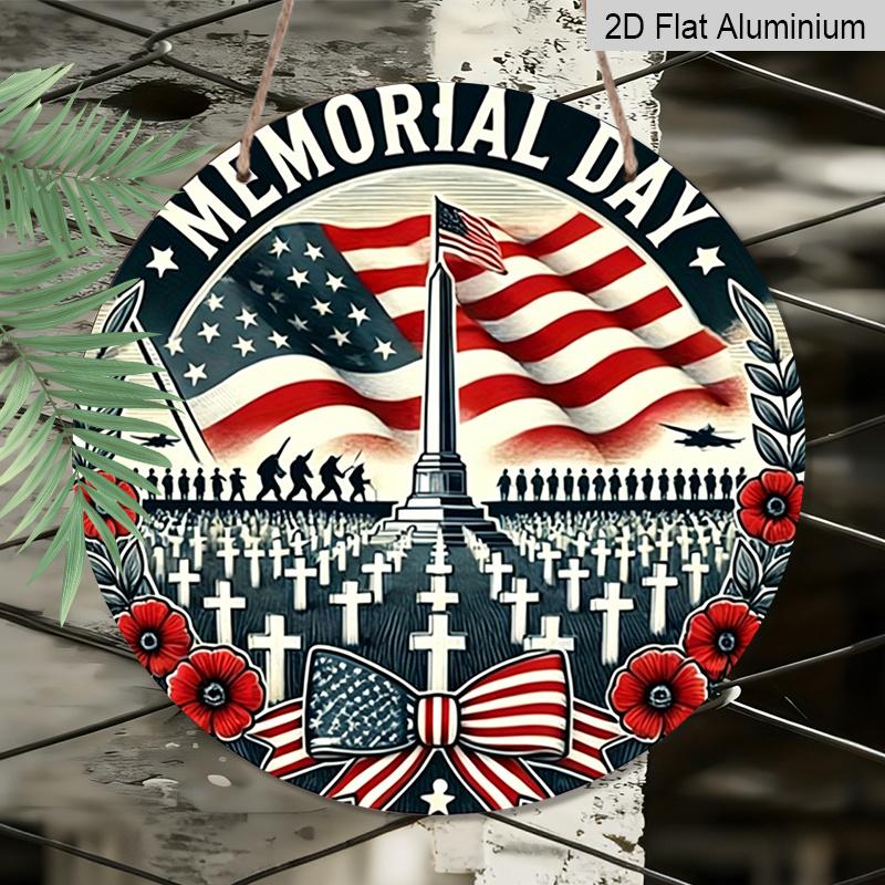 2D Flat, 1pc Memorial Day Round Metal Wall Art - Military Tribute with American Flag, Arlington Cemetery Tombstones & Iwo Jima Soldiers - Vintage
