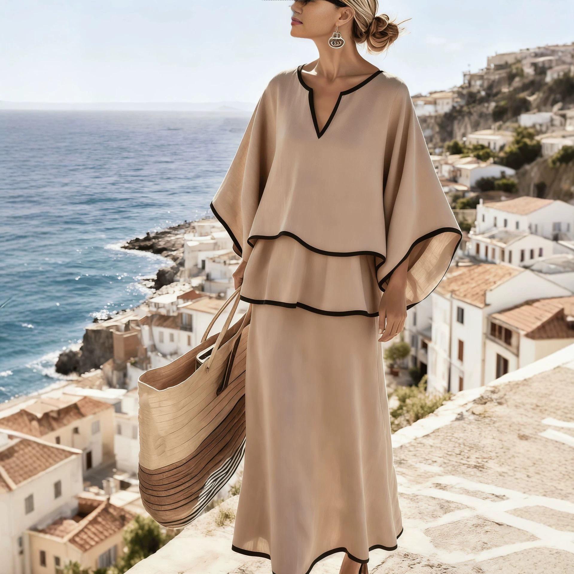 European and American cross-border skirt set 2026 women s clothing vacation models women s splicing V-neck top design sense color matching S