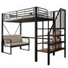 Etagenbett (90 x 200) mit stabilem Metallrahmen, abnehmbarem Polstersofa, Stauraum und Sicherheitstreppe. Geeignet für Kinder und Erwachsene. Schwarz.