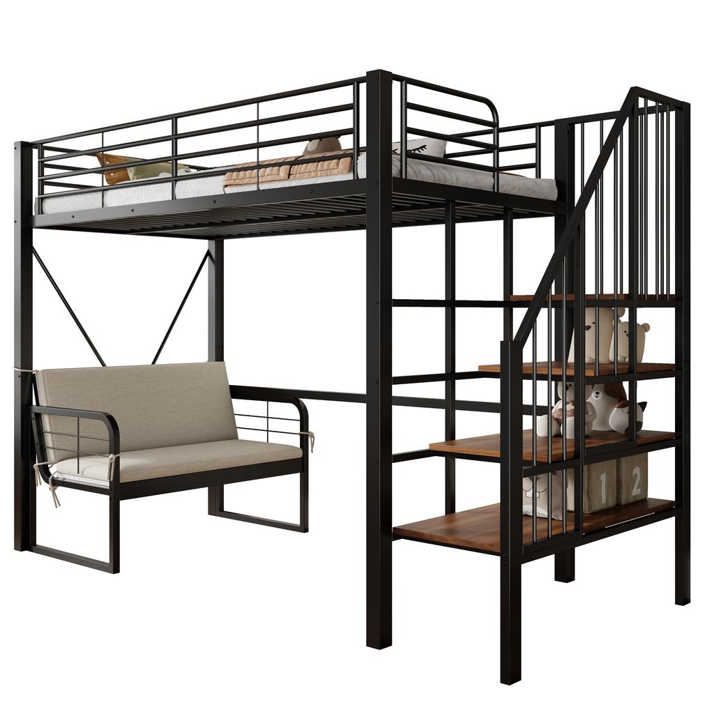 Etagenbett (90 x 200) mit stabilem Metallrahmen, abnehmbarem Polstersofa, Stauraum und Sicherheitstreppe. Geeignet für Kinder und Erwachsene. Schwarz.