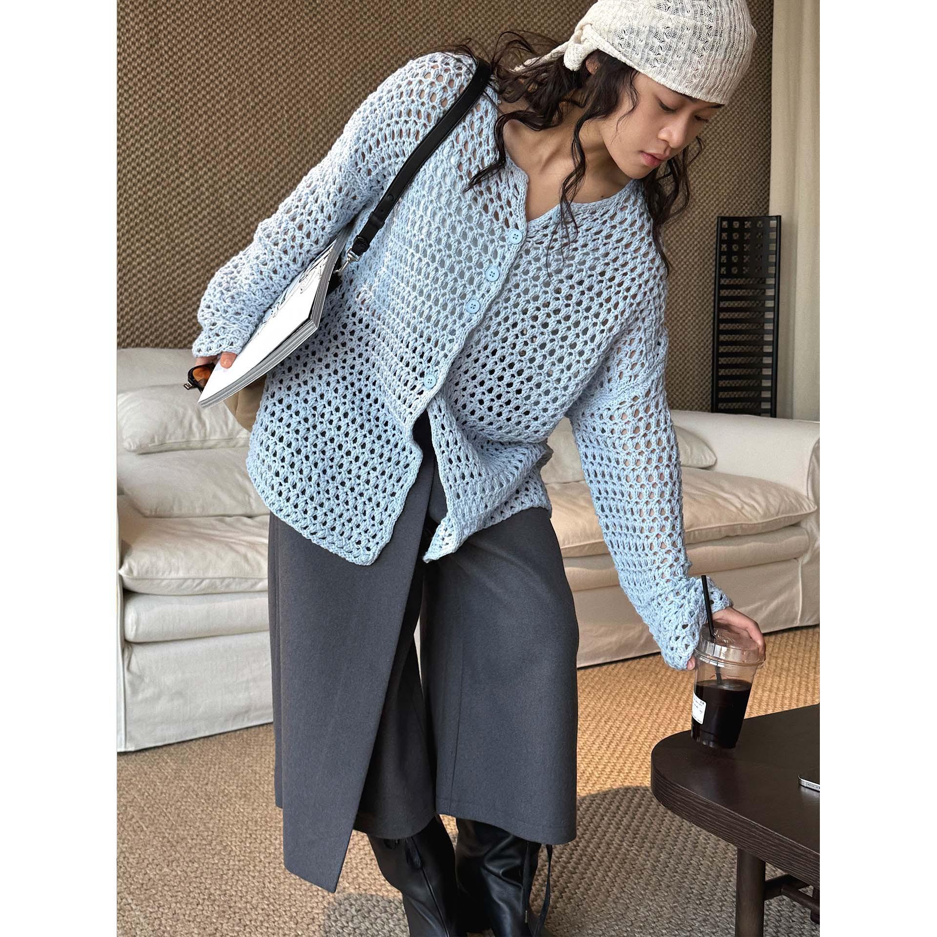

Johnature Korean-style Lazy Hollow-knit Cardigan Loose-fitting Top For Women Spring Casual Simple Pullover Sweater One Size синий