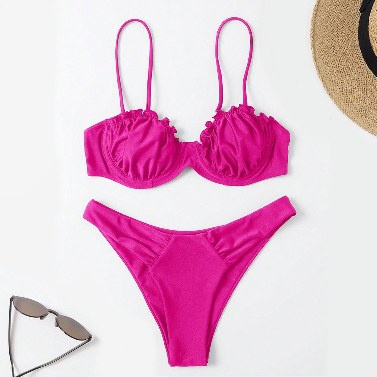 

2025 Европейский и Американский Бикини на косточках: Однотонный, сексуальный дизайн с кружевными оборками M