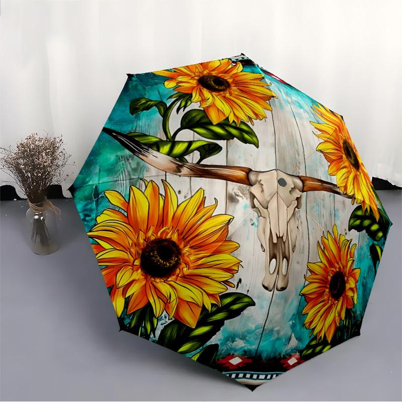 1pc Sunflower Skull Decorative Auto-Fold Umbrella with One-Touch Open/Close - 8 Reinforced Ribs for Windproof Stability, yy251118152