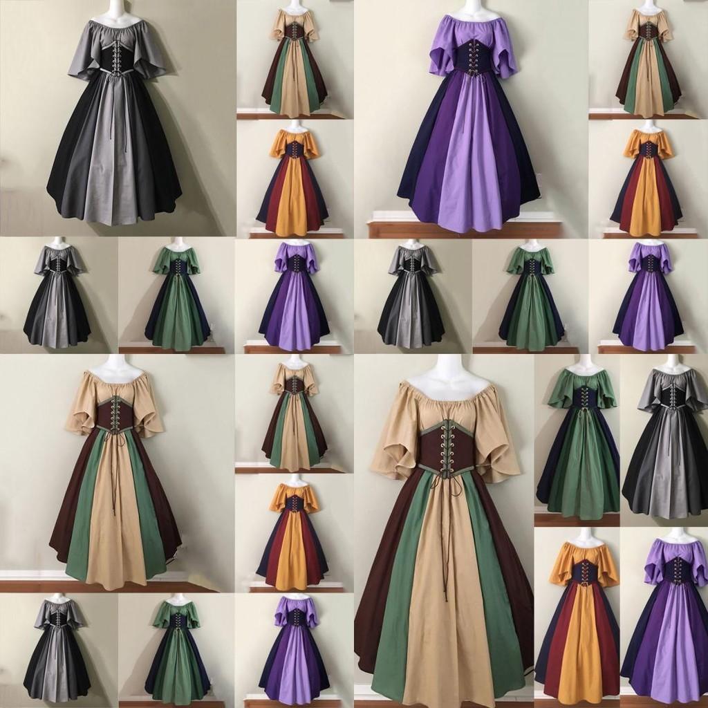 Halloween Women Medieval Fancy Cosplay Costume Stitching Lace Up Maxi Dress