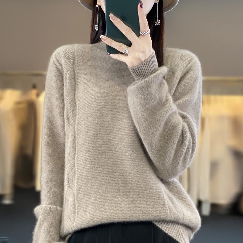 Women's Cable Knit Wool Sweater - Half-High Neck, Loose Fit, Thickened Seven-Stitch Base Layer for Autumn and Winter