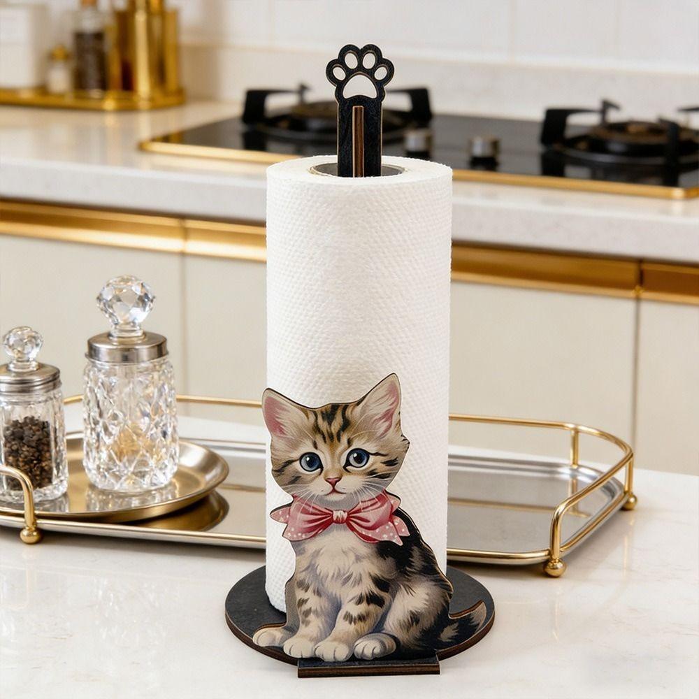 Cute Animal Cat Paper Towel Holder Weighted Base Easy One-Handed Tear Countertop Paper Towel Holder Wooden Rotating Roll