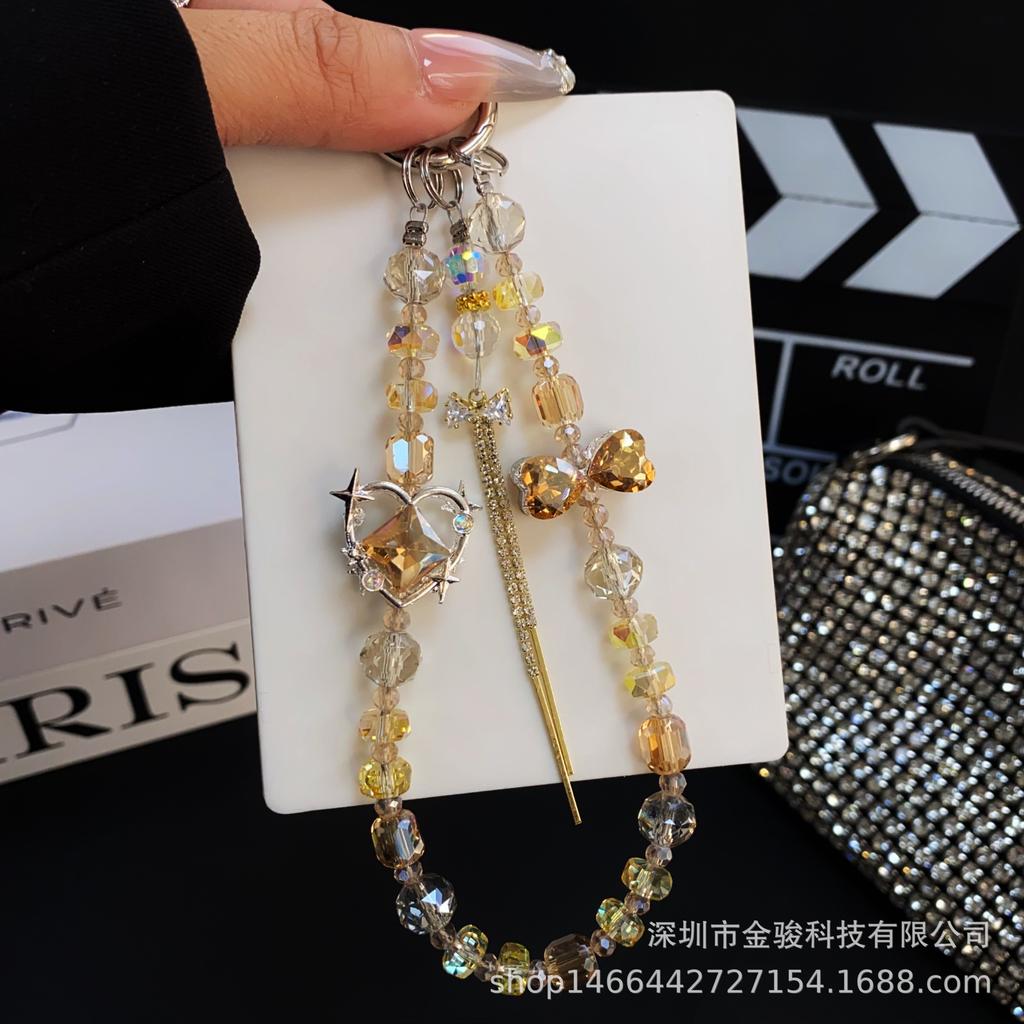 New High-Quality Phone Chain Creative Heart Zircon Hanging Chain Crystal Ins Style Bow CCD Bag Strap Short