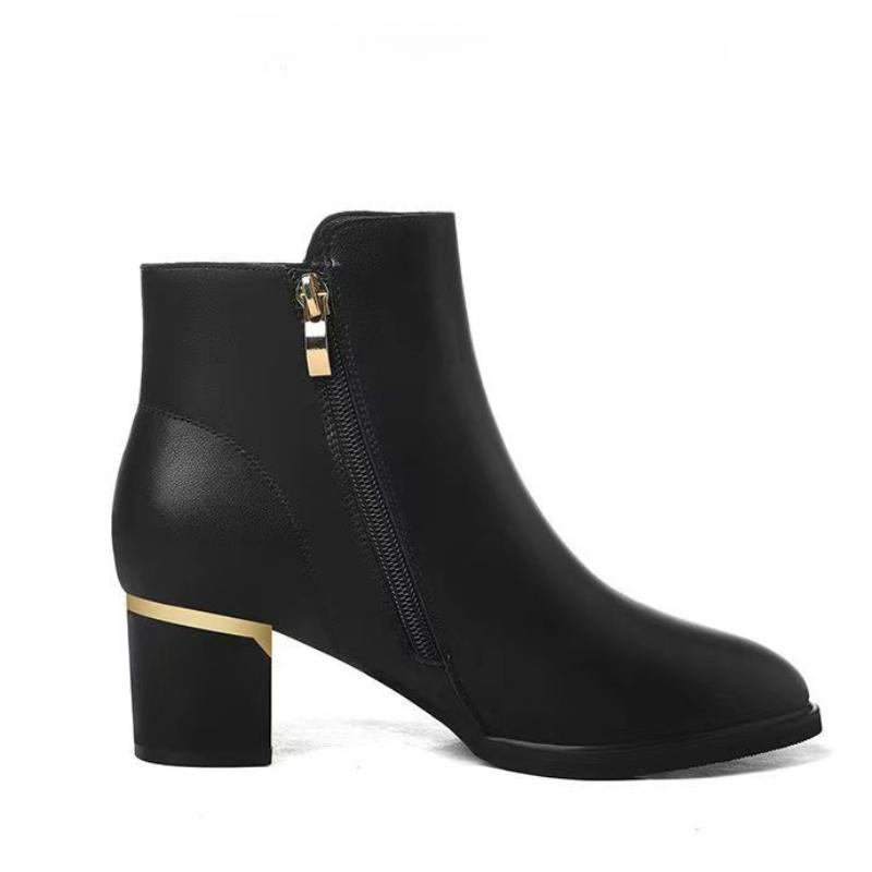 Round Toe Side Zip High-heeled Thick Soled Women's Leather PU Solid Color Classic Ankle Boots