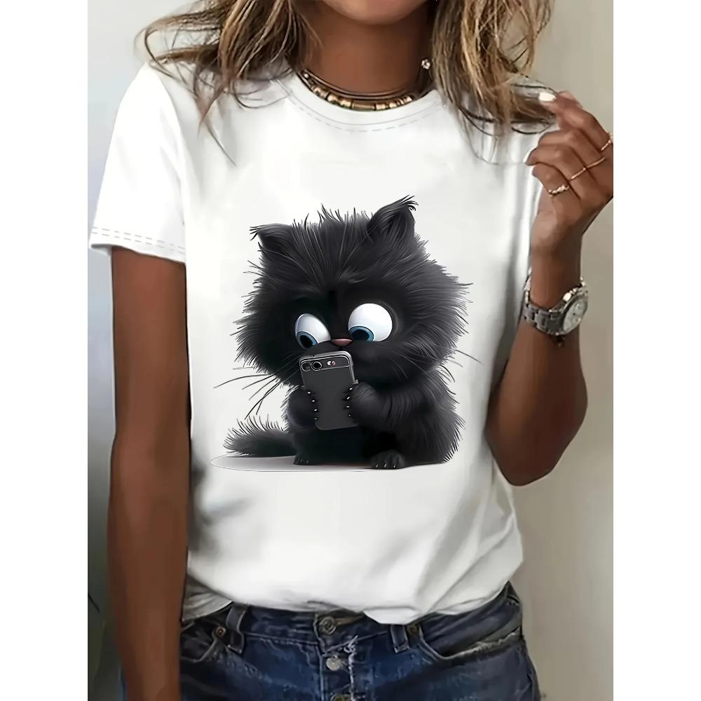 Whimsical Cartoon Cat Print T-Shirt Crew Neck Short Sleeve Casual Tee for Cat Lovers Fashionable Knit Fabric Top All Seasons M