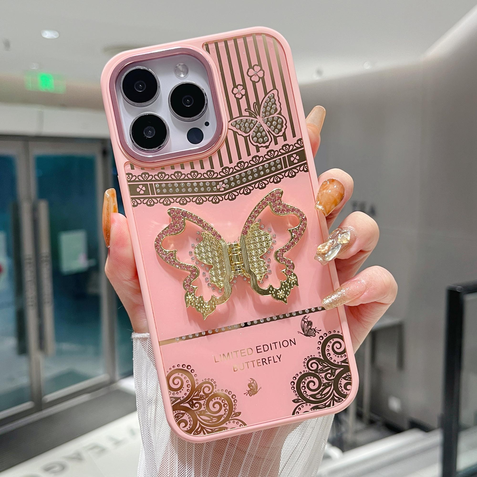 

For iPhone 16 Pro Max Case Butterfly Kickstand TPU+PC Phone Back Cover Rhinestone Decor Pink