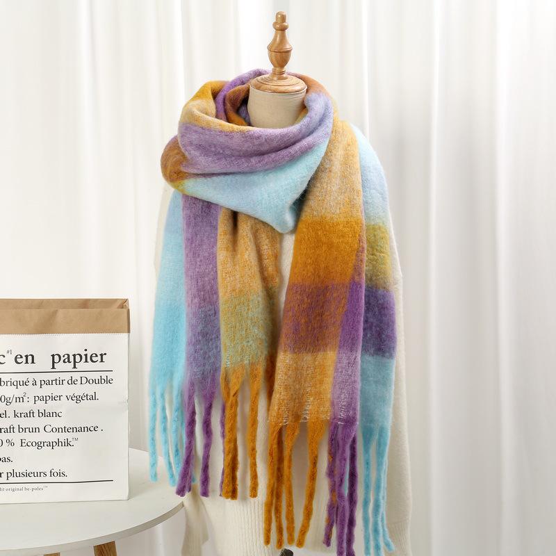 Радужный клетчатый шарф из мохера - Толстый, объемный, теплый зимний шарф-снуд с кисточками в четырех цветах