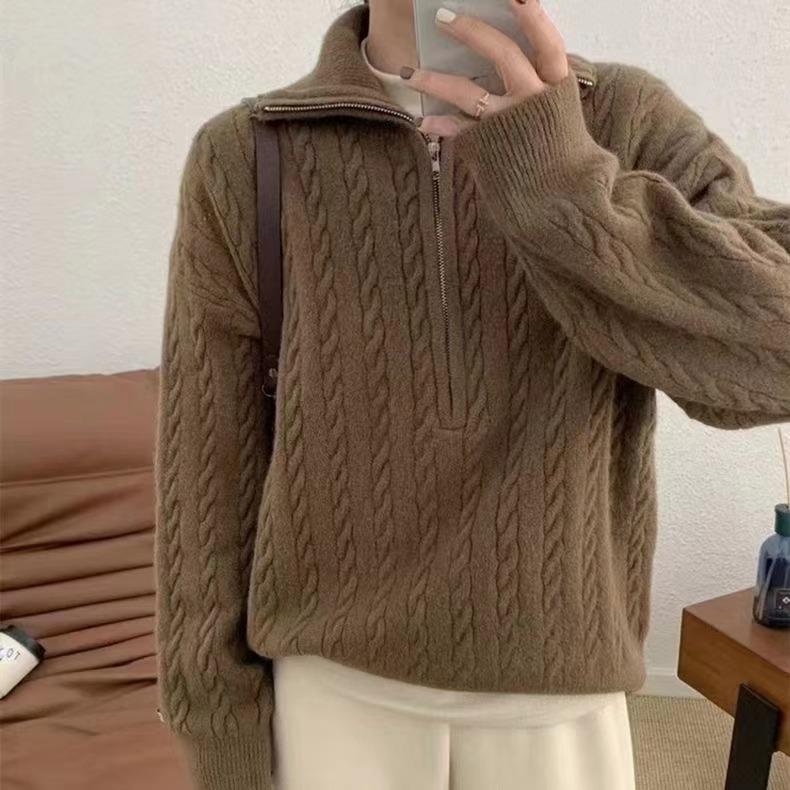 Korean Style Retro Cable Knit Zipper Pullover Sweater - Women's Autumn/Winter 2025 Collection