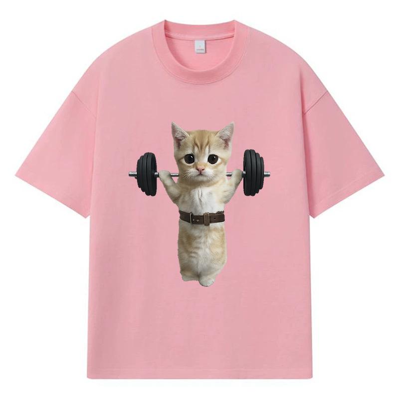 2026 Cat Lifting Dumbbell Printed Graphic Y2k Harajuku Streetwear 100% Cotton T Shirt Casual Oversized Summer Men T-shirt