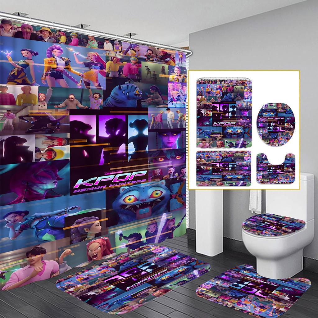 Character Print Bathroom Mat And Shower Curtain 4-Piece Set