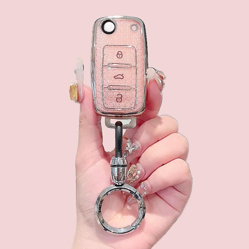 Pink TPU 3 Button Car Remote Flip Key Case Holder for Volkswagen Golf MK6 Polo Beetle Tiguan Touran Passat Caddy Jetta Eos Skoda