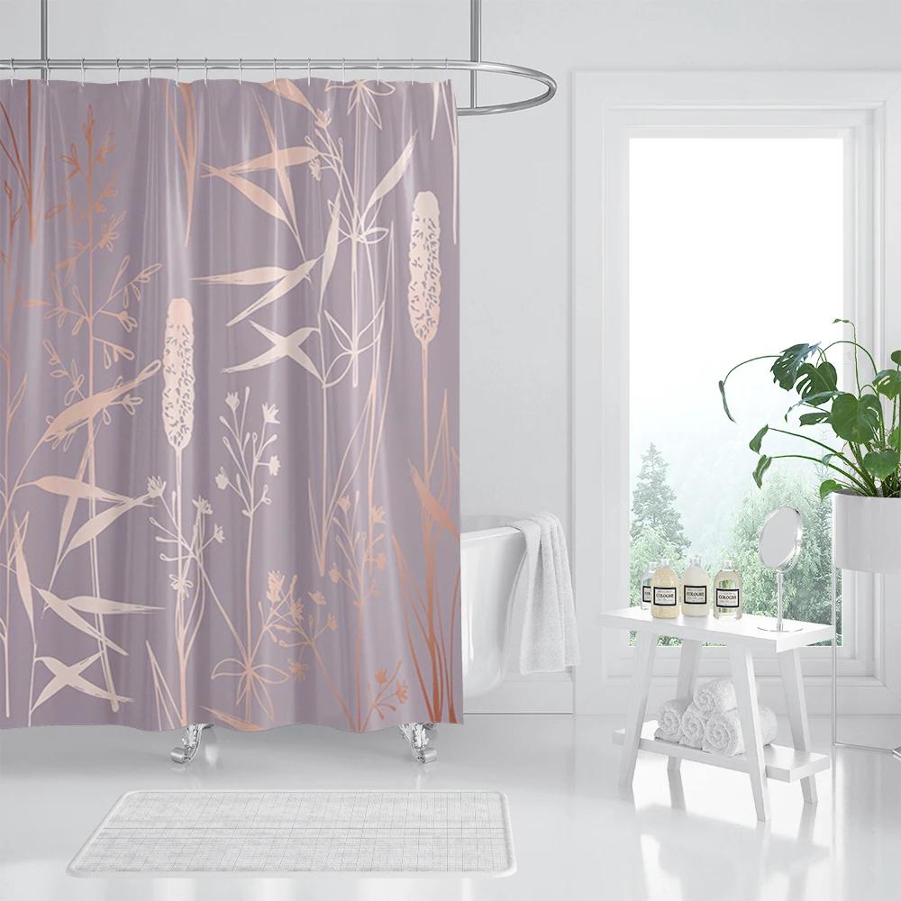 Rose Gold Shower Curtain Pink Gold Tropical Leaves Modern Luxury Bathroom Shower Curtains Fabric Bath Curtain Set with Hooks