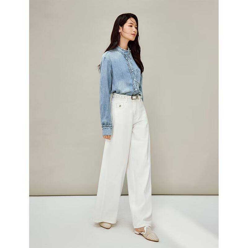 INMAN Women's Ruffled Distressed Denim Shirt