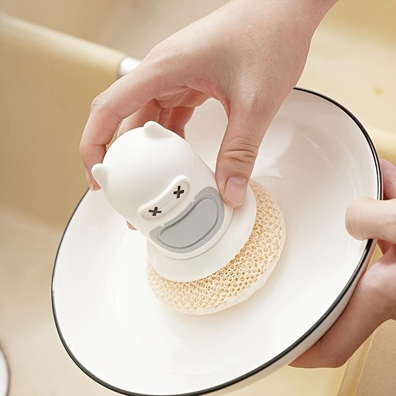 1 Stück Süße Cartoon Automatische Flüssigkeitsabgabe Küchenbürste, Drucktyp Kunststofftopfschrubber mit Weichen Borsten, Ausziehbarer Griff, Fleckenentfernung