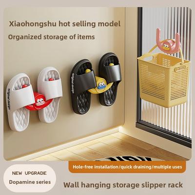 3 Pcs Cartoon Sausage Mouth Bathroom Hole-free Wall-mounted Storage Slippers Rack