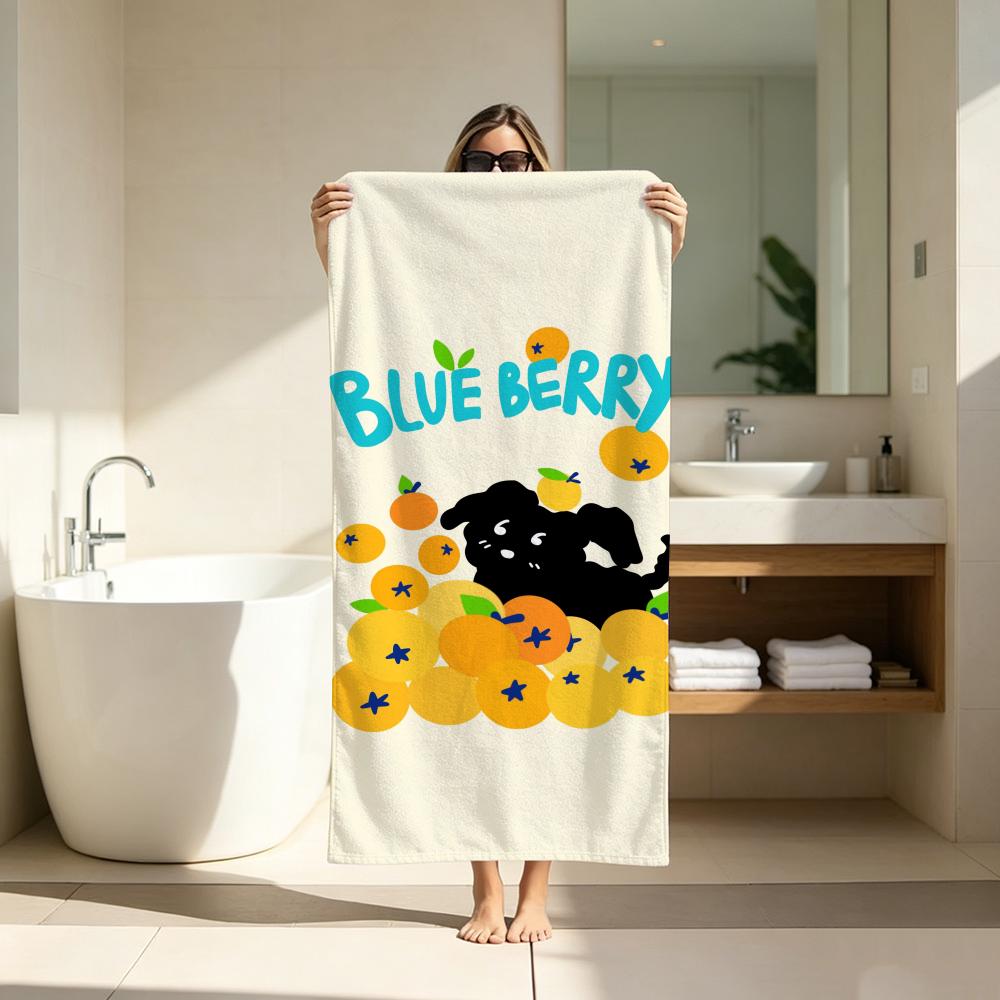 Cartoon Cute Black Puppy Fruit Towel Microfiber soft Beach Towel for Travel Fitness Sauna Bathing Camping