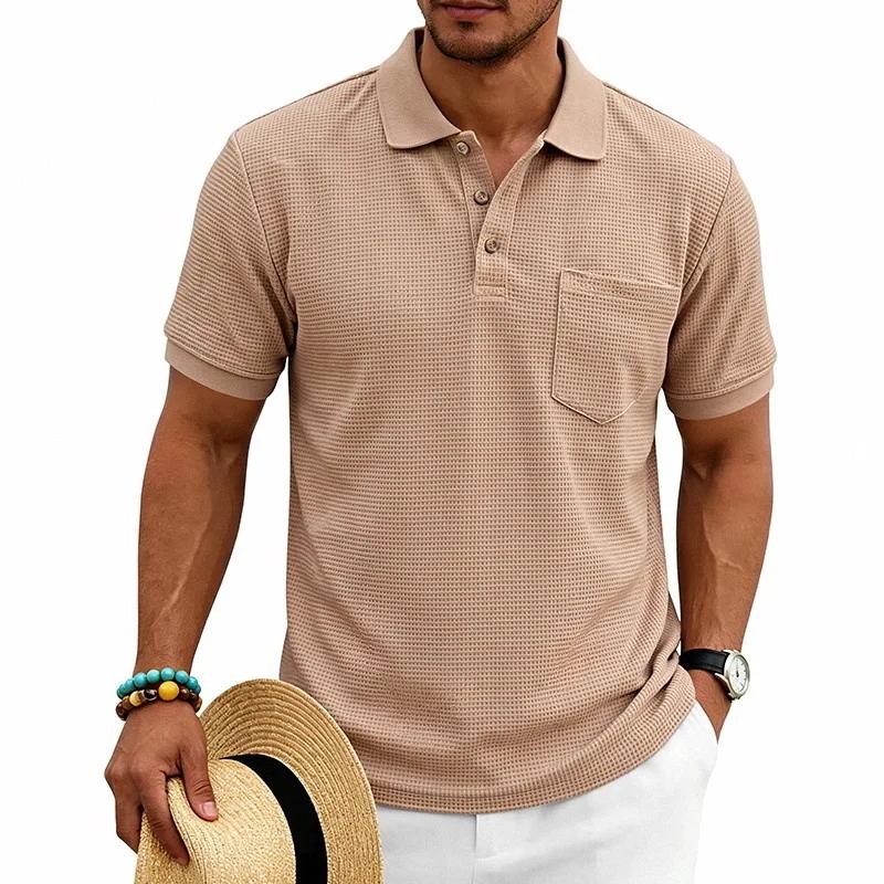 Men's Waffle Knit Polo Shirt Short Sleeve Casual Button Down Polos Men Solid Business Style Tees Tops