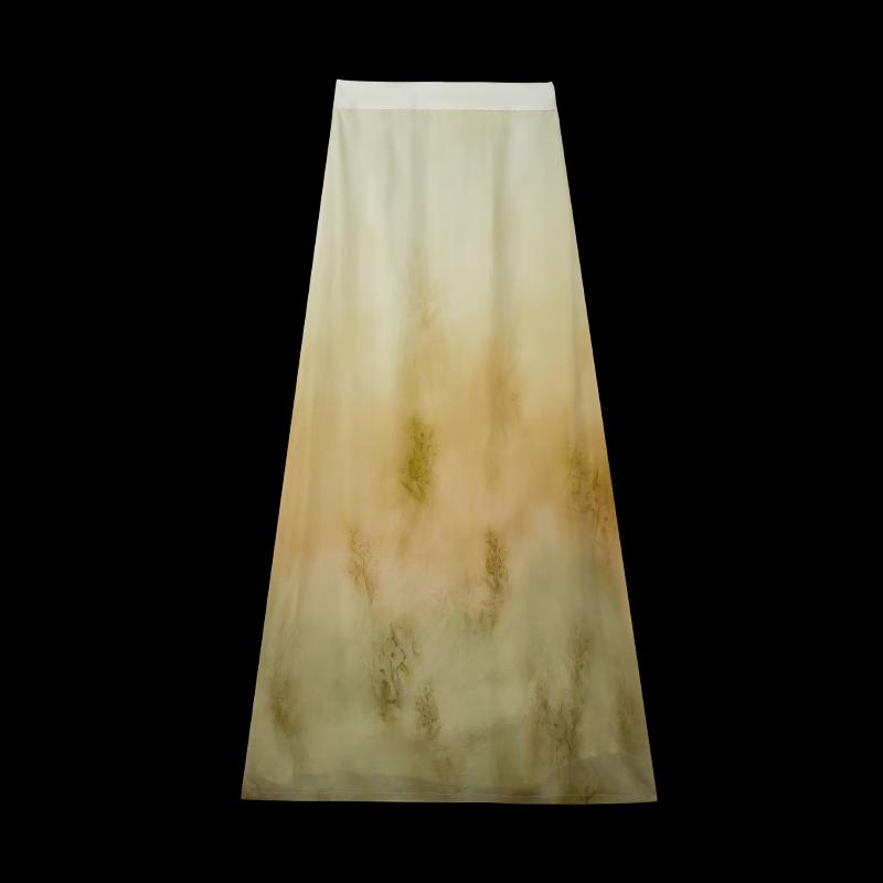 HECO New Chinese Style Ombre Draped Maxi Skirt