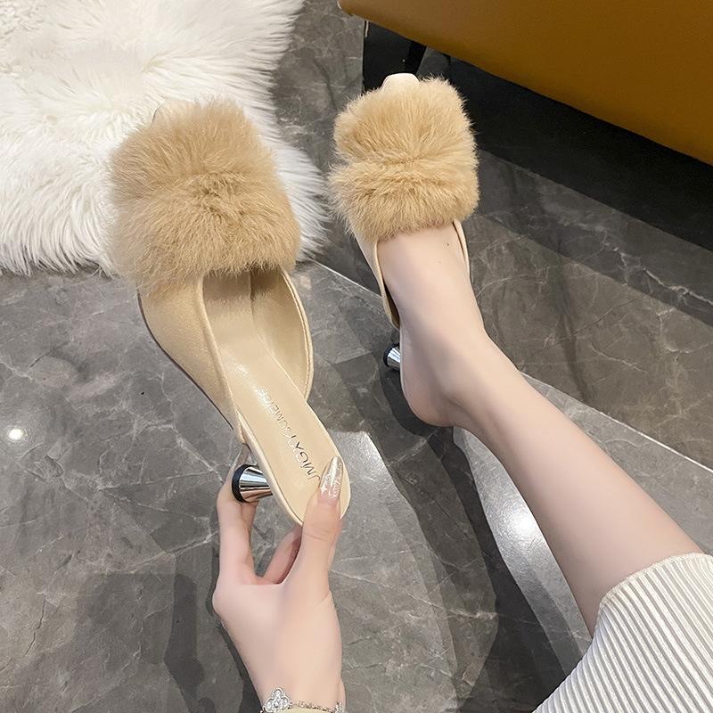 Mao Mao High Heels Women's 2024 Spring and Autumn New British Style Fashion Outer Wear Pointed Head Thin Heel Bag Head Half Slippers
