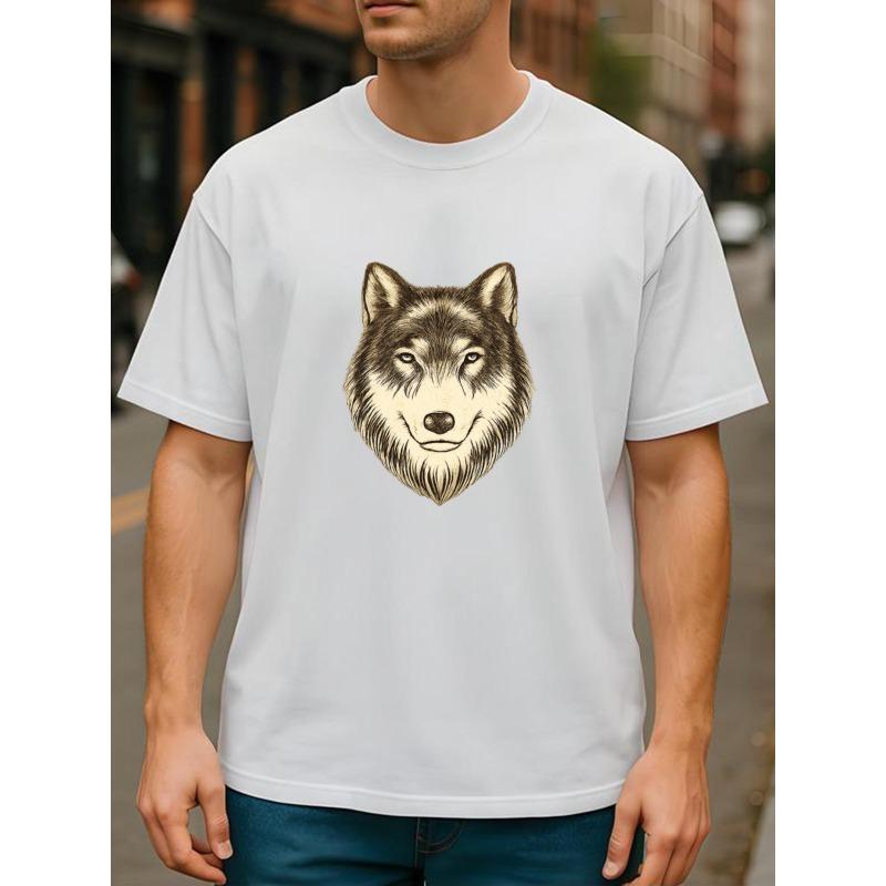 

European sizes Retro Hand-Painted Wolf Head Sketch Print | Easy and Fashionable Men S Round-Neck T-Shirt 4XL білий