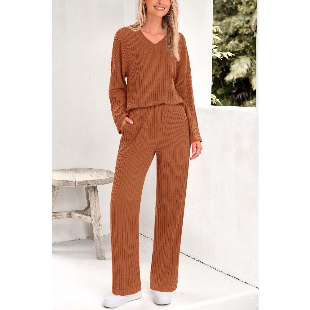 Women's Loose Knit Loungewear Set Long Sleeve V Neck Top Elastic Waist Wide Leg Pants
