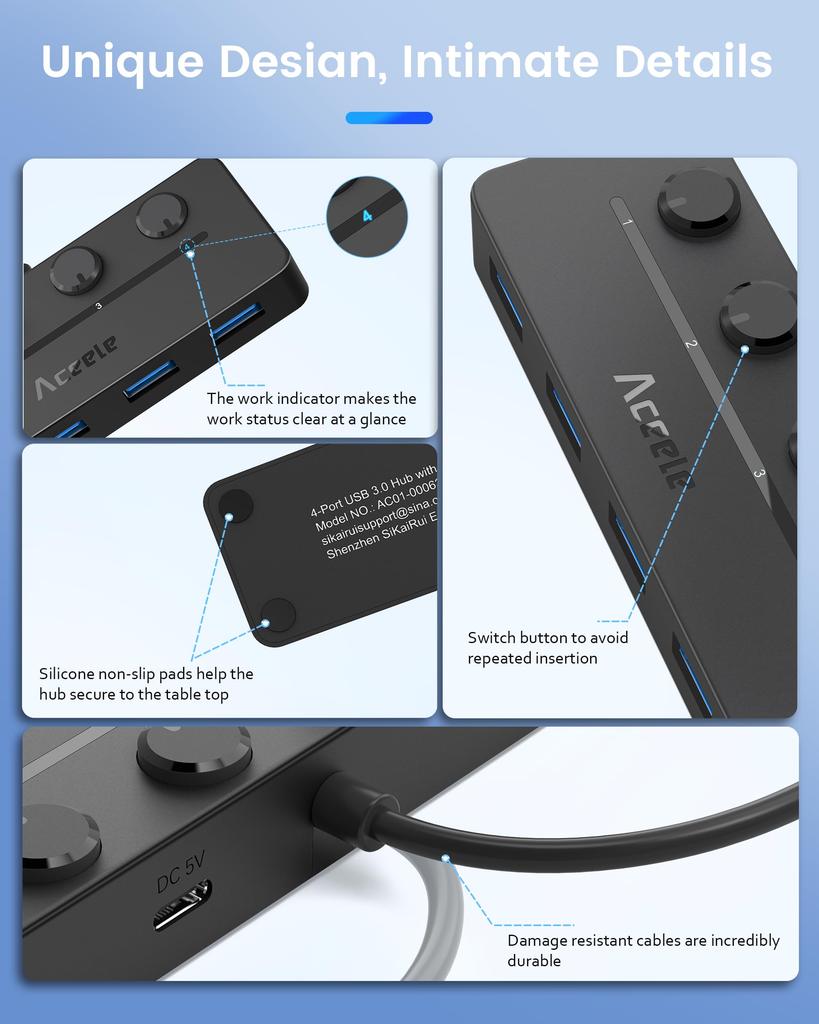 Aceele Hub USB 5 Portów USB USB Ultra Slim Hub Port Zasilania z Niezależnym Włącznikiem Typ Wkładany od Góry Lampka Kontrolna Kabel Przedłużający 5Gbps Ultra