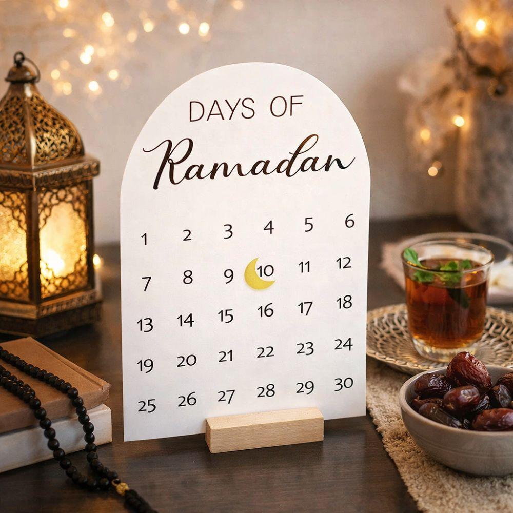 Acrylic Ramadan Advent Calendar White Mirror 30 Days Countdown Calendar DIY Crafts Wooden Base Eid Mubarak Decor