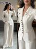 Autunno Elegante Collo Alto Manica Lunga Vestibilità Larga Gamba Dritta Pantaloni Set Due Pezzi Donna