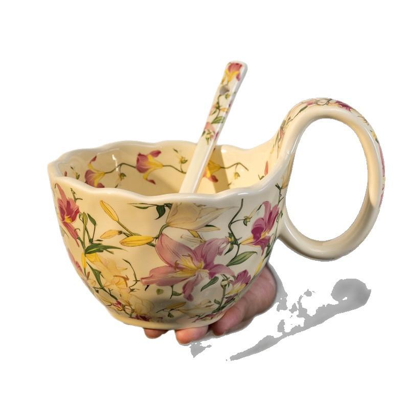 High Value Retro French Ceramic Cup Lily Oil Painting Coffee Cup Saucer Set Afternoon Tea Latte Mug