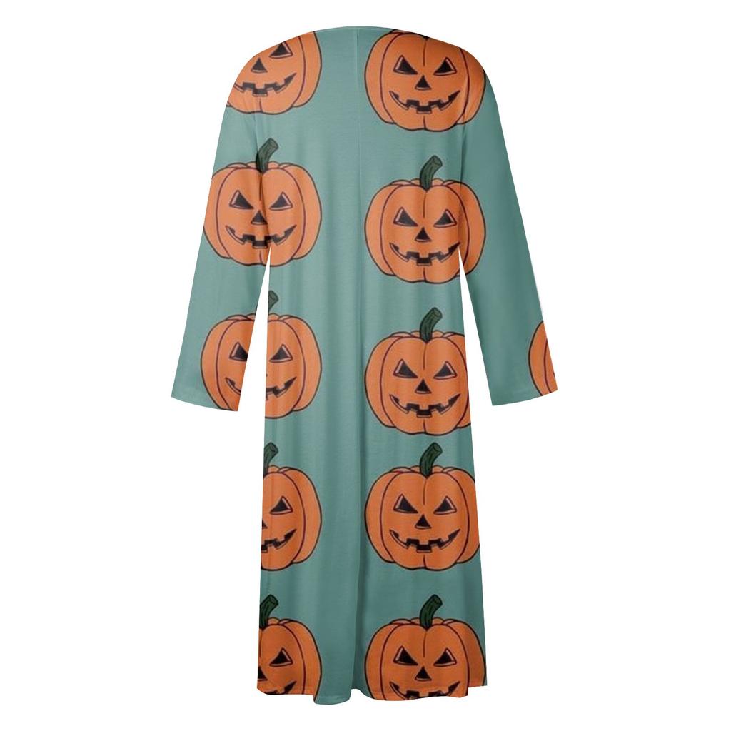 Kvinners uformelle trykk med rund hals. Mellomlang kjole Langermet kjole med lommer