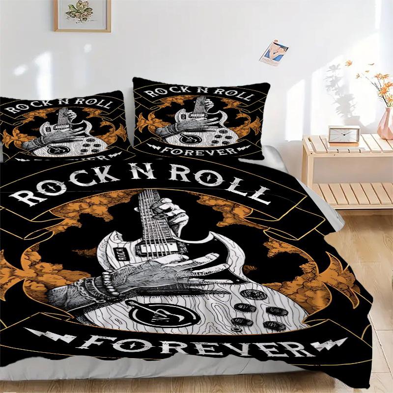 

3pcs Rock N Roll Guitar Duvet Cover Set - Machine Washable, Includes 1 Duvet Cover and 2 Pillowcases, No Core Included yy251022177 135x200cm