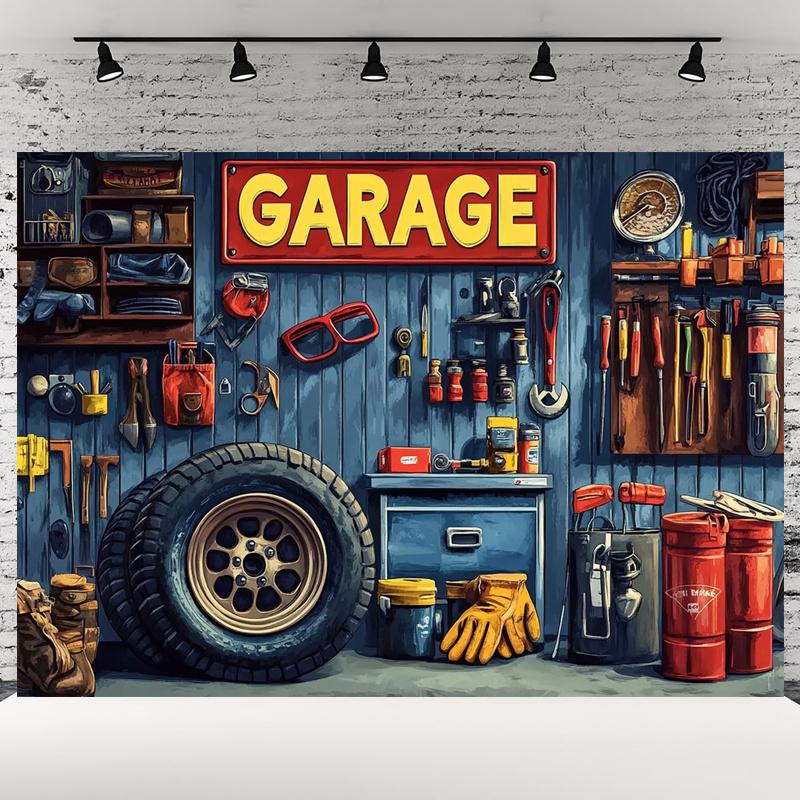 1pc, 2Dflat, Polyester Garage and Car Repair Themed Backdrop, Suitable for Birthday Parties, Studio Decorations, Holiday Banners