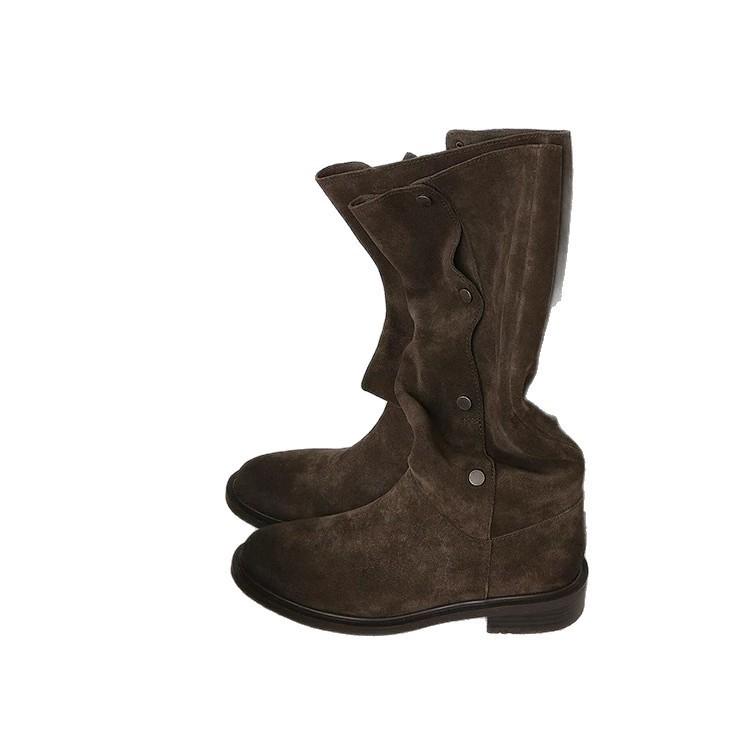 Cowhide version thin pleated piled boots women's boots thick heel retro two wear western boots suede versatile knight boots