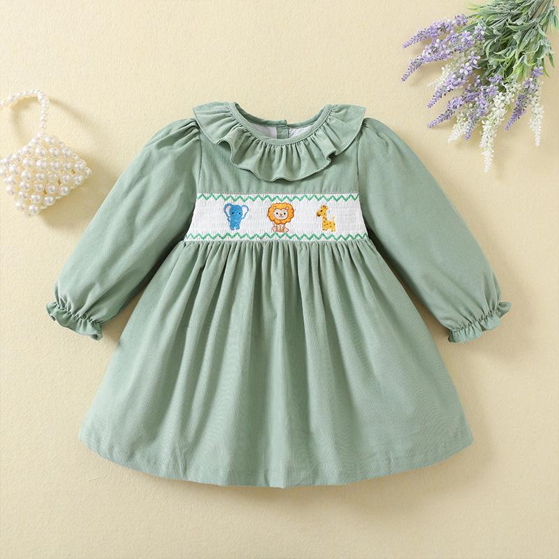 Girls Corduroy Long Sleeve Dress Autumn Spring Ruffled Collar Cartoon Embroidery Shirred Princess Dress for Kids 80cm зелёный