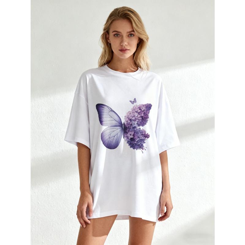 

Black Oversized T Shirt With Purple Butterfly And Flower Print For Casual Wear XXXXL белый