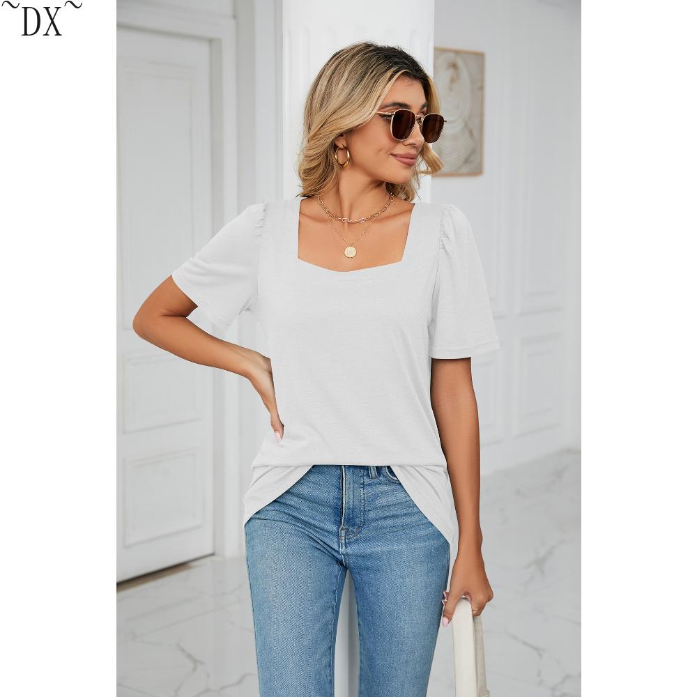 DX~~ Весенне-летняя новая однотонная свободная футболка с квадратным воротником — фото 20