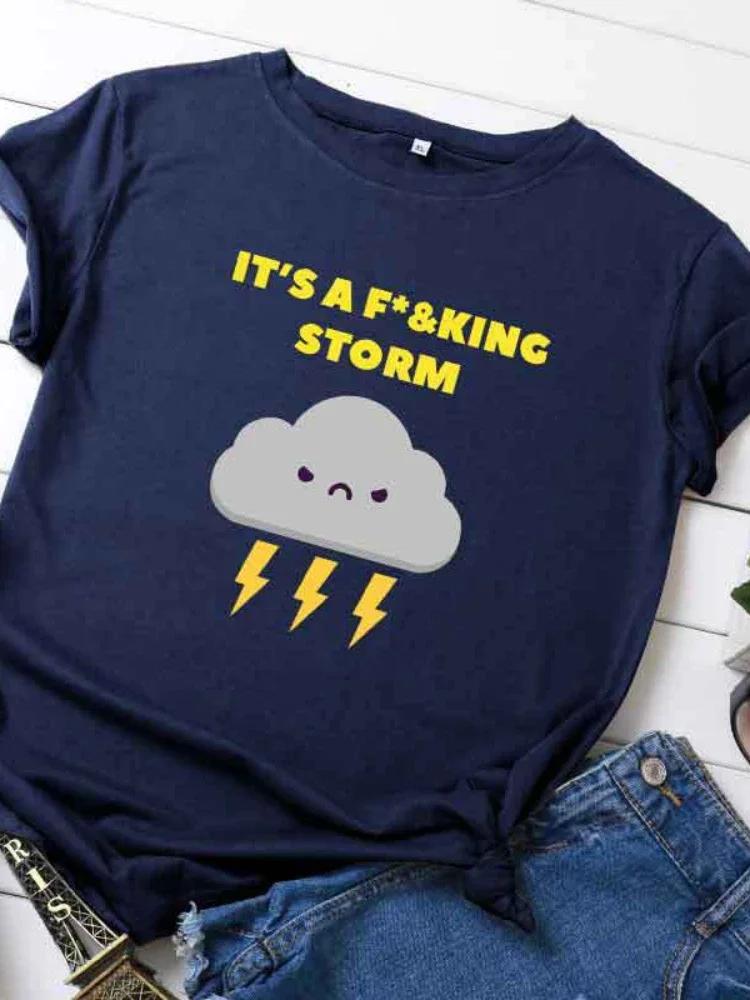 IT'S A STORM Dark Clouds Print Women T Shirt Short Sleeve O Neck Loose Women Tshirt Ladies Tee Shirt Tops Camisetas Mujer