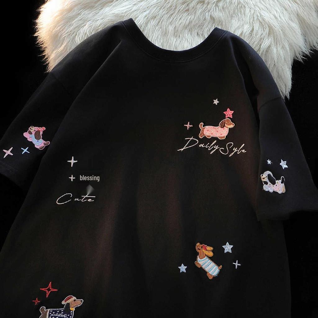 American Chic Embroidered Puppy Short-Sleeve Cotton T-Shirt for Women – Summer Loose Fit Cute Top